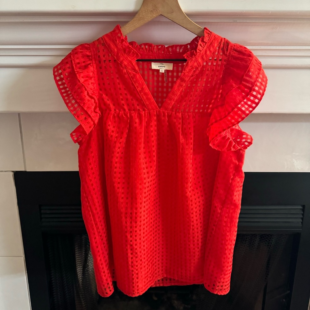 Entro Red Checkered Organza Ruffled Blouse Size M
